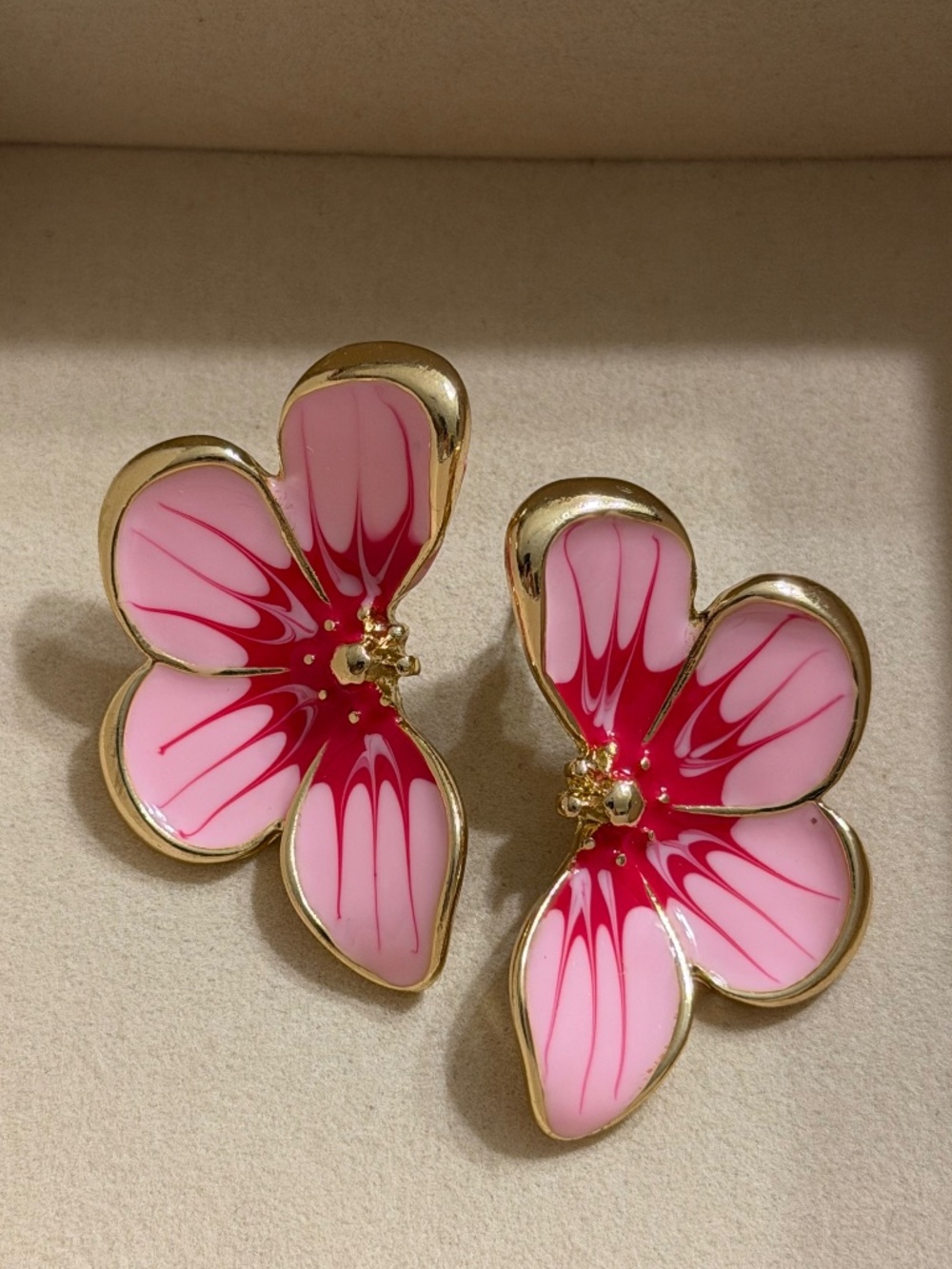 Golden Pink Glazed Half Petal Flower Enamel Statement Earrings